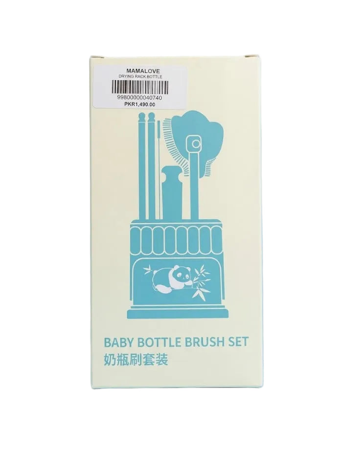 A boxed baby bottle brush set package standing upright against a light blue background. The box is cream-colored with a teal illustration of baby bottles and brushes and the text 'BABY BOTTLE BRUSH SET' plus Chinese characters.
