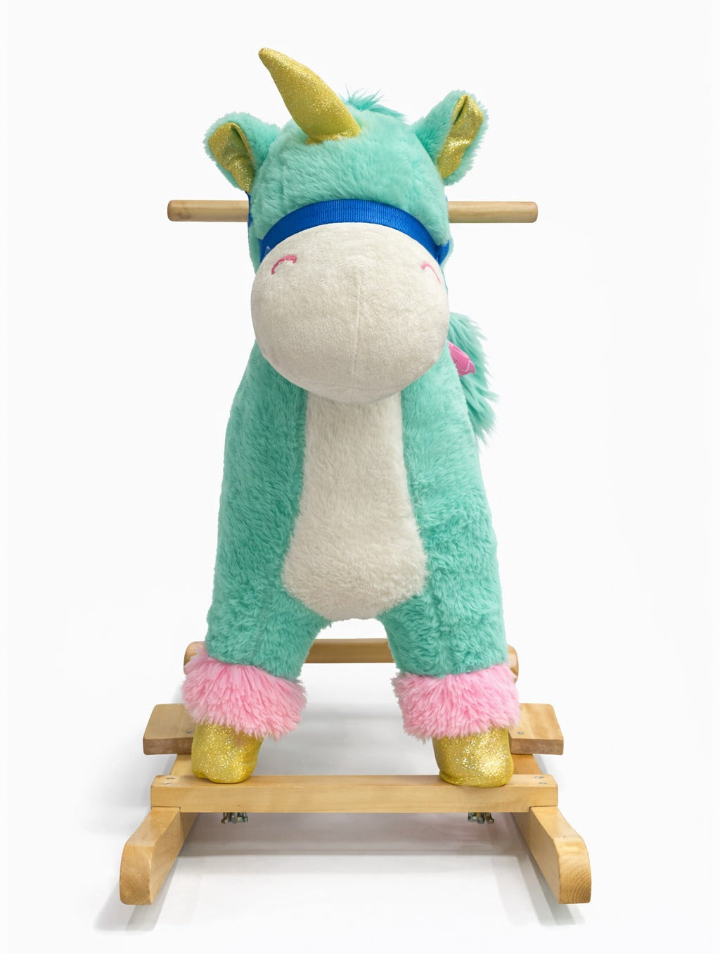 Kids Plush Unicorn Rocking Ride-On with Wheels – Soft Wooden Rocker Toy (Mint Green & Pink)