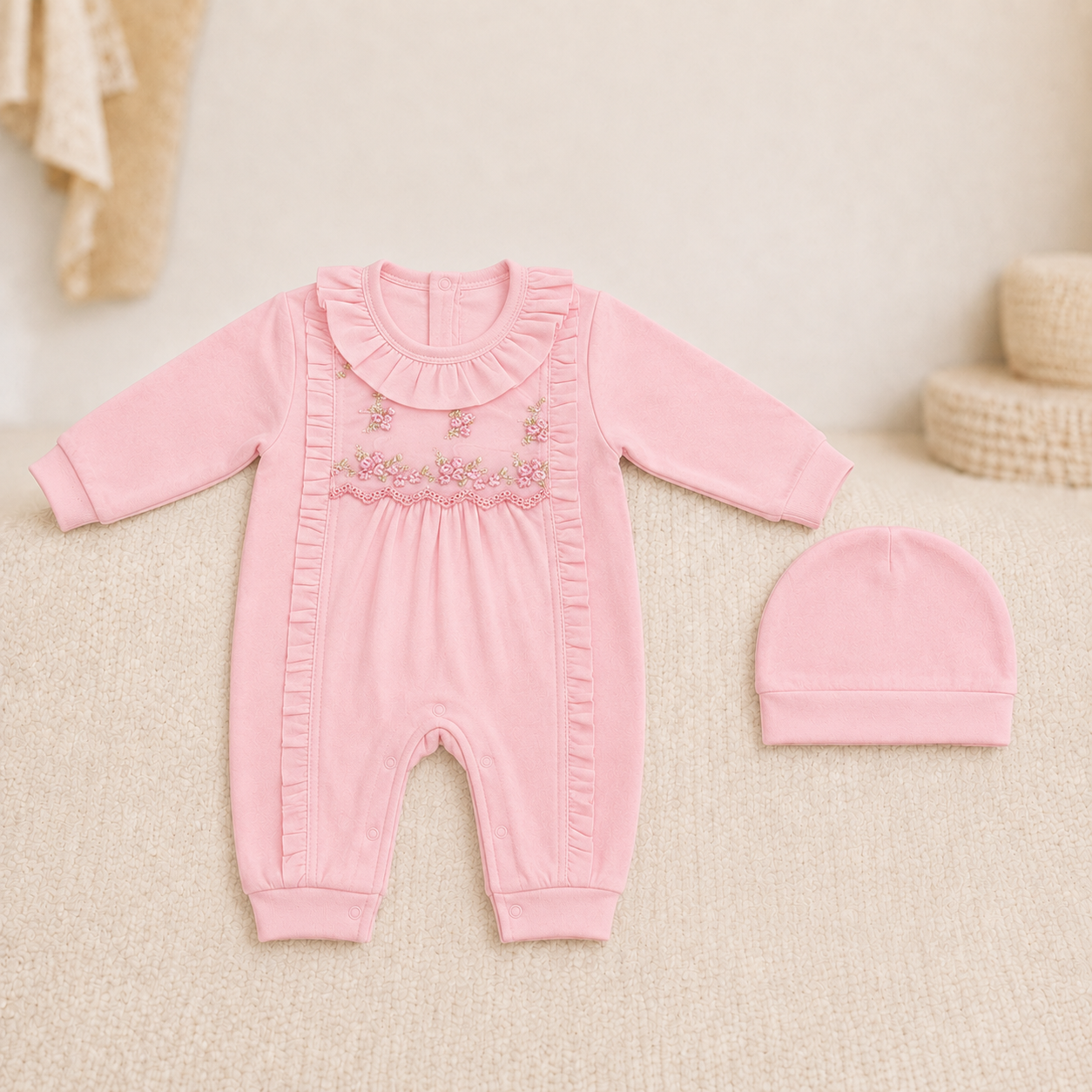 Floral Embroidered Early-Winter Romper Set with Cap – Pink