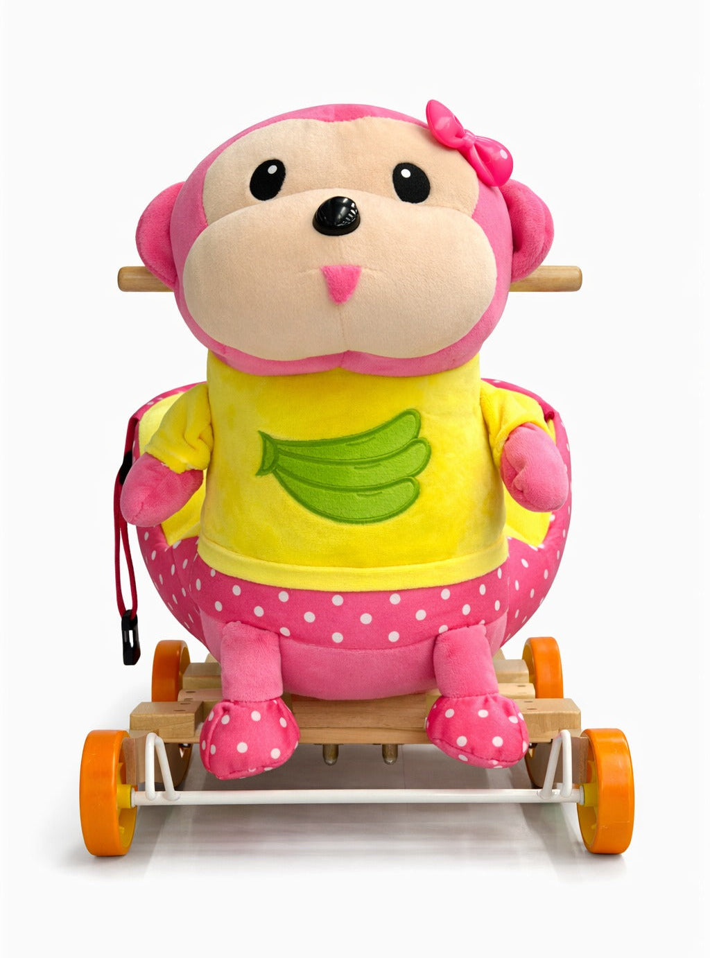 Kids Plush Monkey Rocking Ride-On with Wheels & Safety Belt – Soft Wooden Rocker Toy (Pink/Yellow)