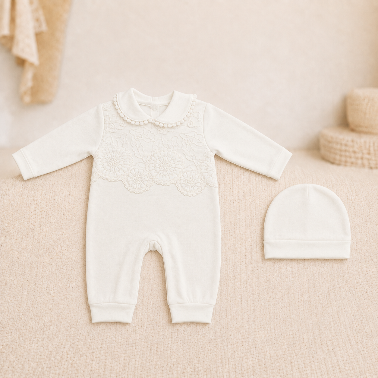 Floral Lace Cotton Early-Winter Romper Set with Cap – White