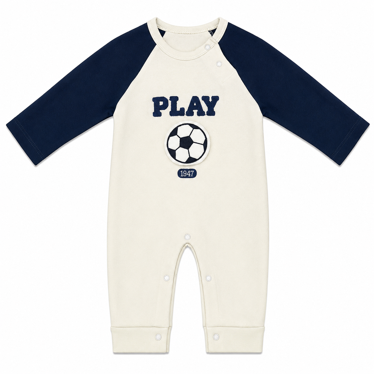 Baby Boy Football Appliqué Full-Sleeve Romper – Cream & Navy