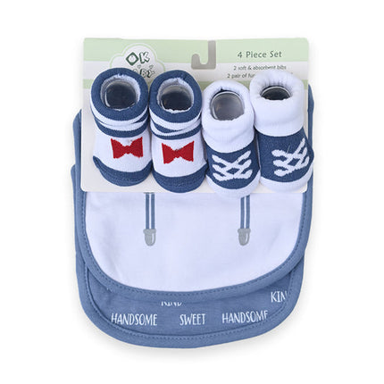 4Pice Set Blue & White Baby Bibs and Booties