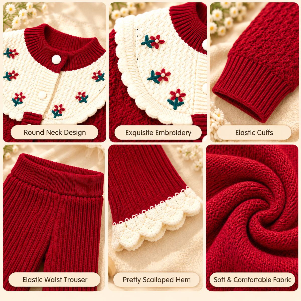 Baby Girls Maroon Floral Collar Cardigan & Knitted Pants 2533