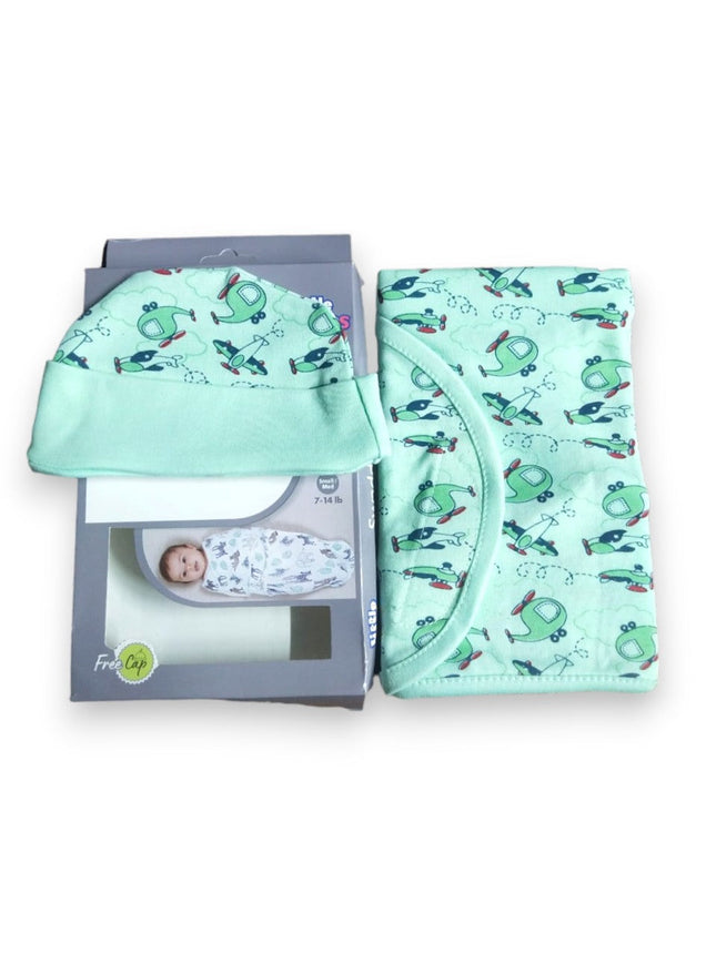 LITTLE LAUGHS BABY SWADDLE ME GREEN AIRPLANE