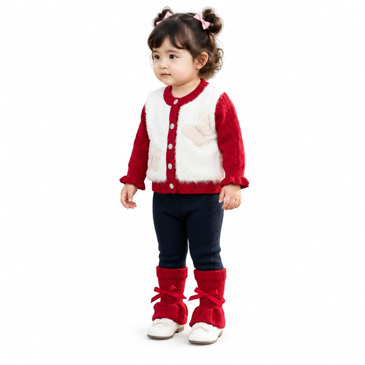 Baby Girls’ Butterfly Appliqué Knitted Winter 2-Piece Set – Red & Navy