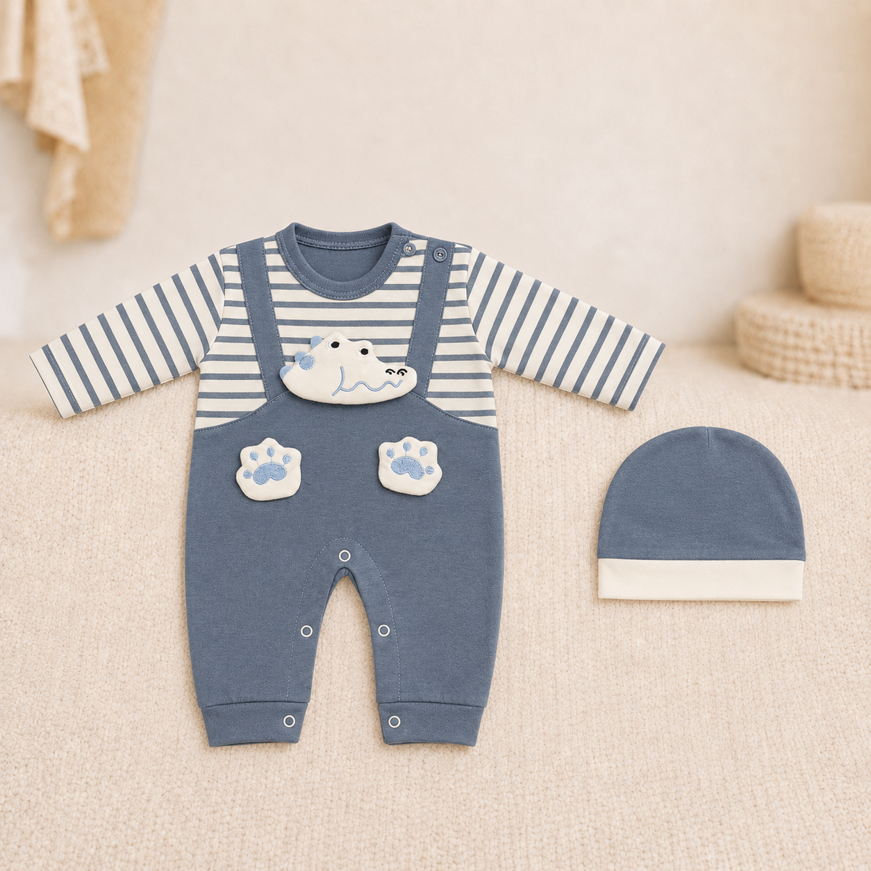 Dinosaur Early-Winter Romper Set with Cap – Steel Blue & White