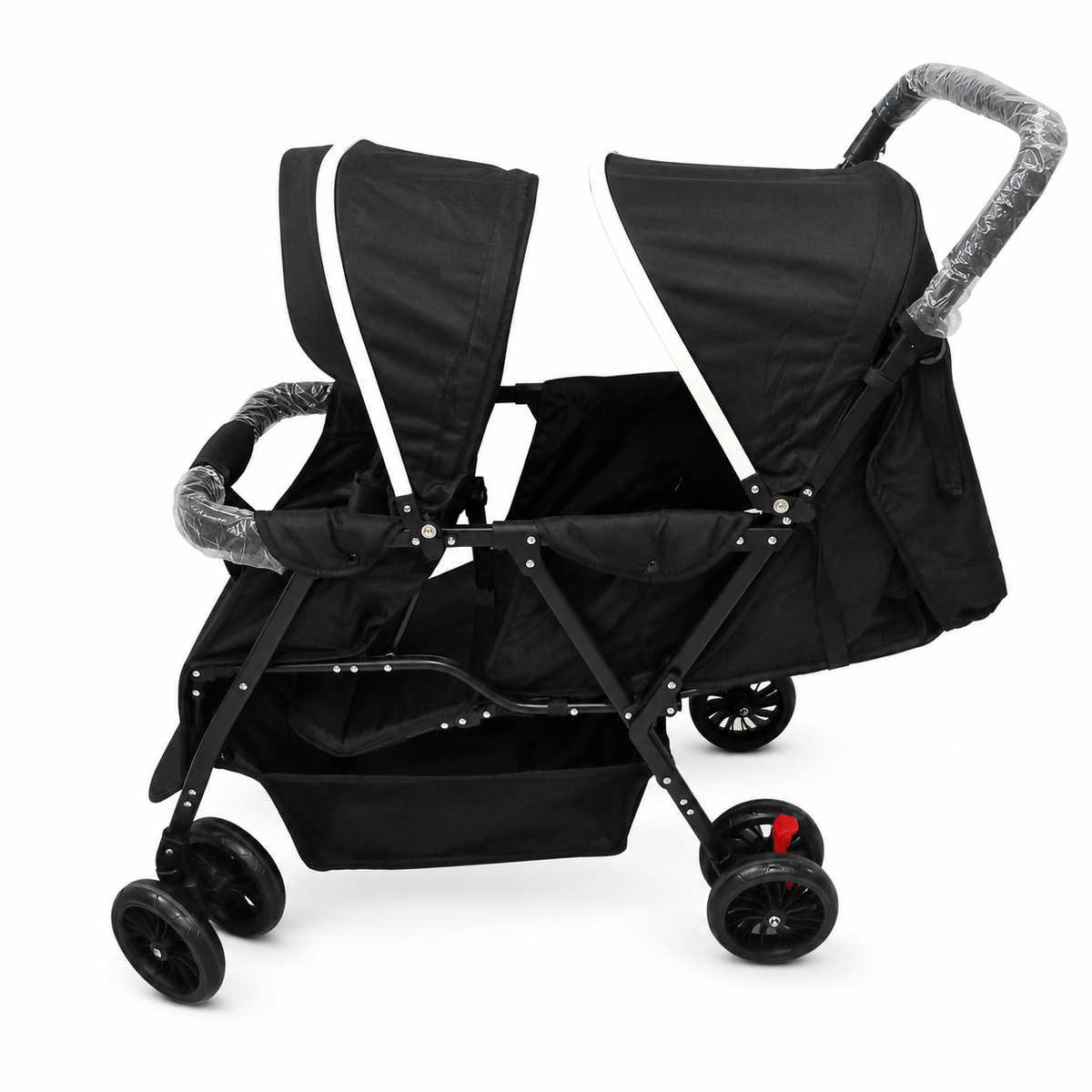 Twin Baby Stroller with Dual Canopies & Storage Basket – Black