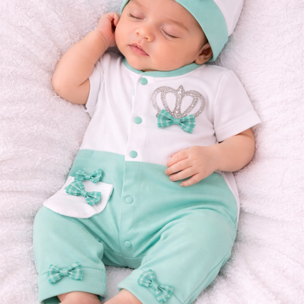 Elegant Baby Boy White & Mint Green Romper with Crown & Bow Design