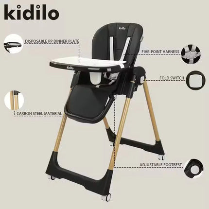 Kidilo Baby High Chair Seat Adjustable & Foldable With Height- Dark Brown