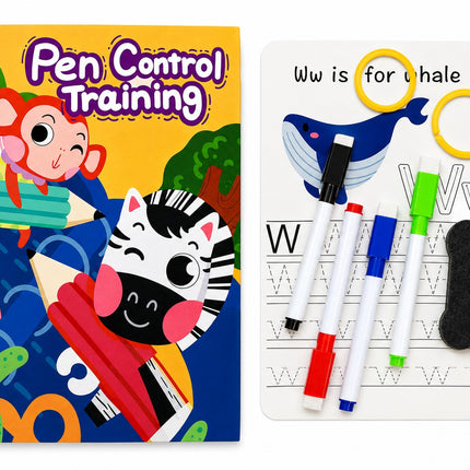 Pen Control Training Workbook Set – Reusable Handwriting Practice Book with Dry Erase Markers & Eraser for Kids