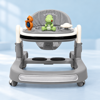 Premium Foldable Baby Walker with Interactive Toy Tray & Adjustable Height – Grey Edition