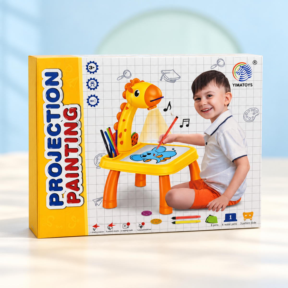 Kids Projection Painting Drawing Table – Giraffe Art Projector Set with 3 Disks & 12 Watercolor Pens