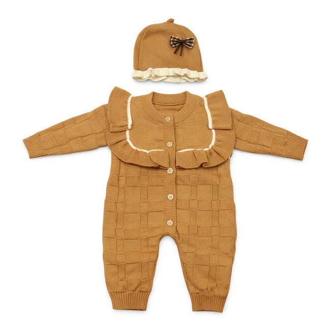 Warm Brown Knitted Baby Romper with Ruffle Cape & Bow Cap – Winter 2-Piece Set