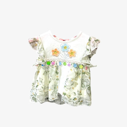 Girls White Green Floral Print Top