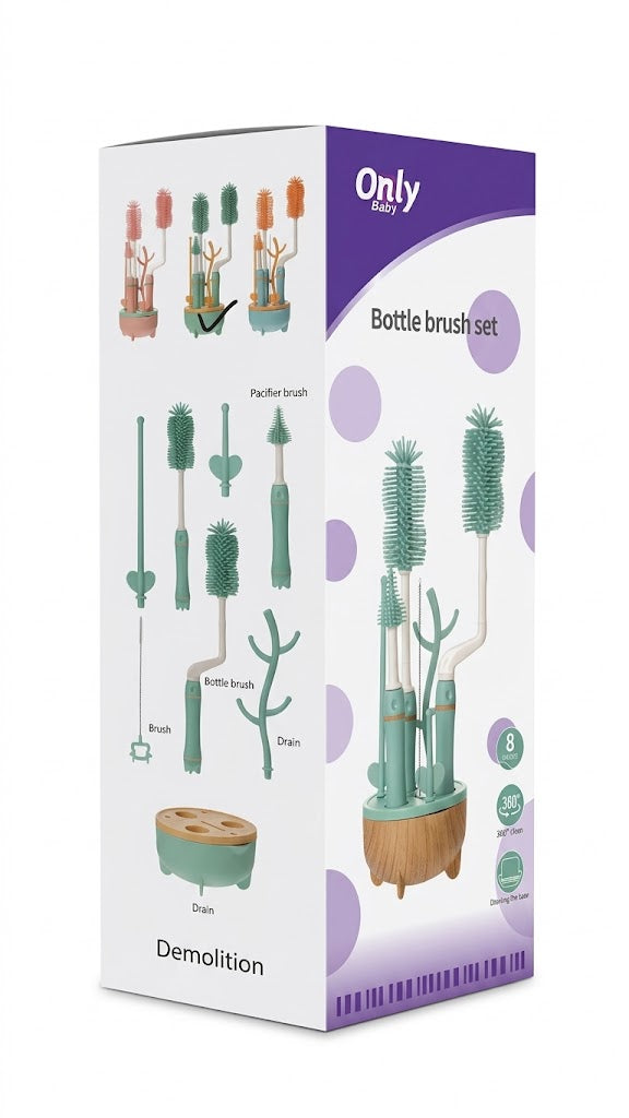 8-in-1 Baby Bottle Brush Set with Stand – 360° Cleaning Kit with Drying Rack (BPA Free)