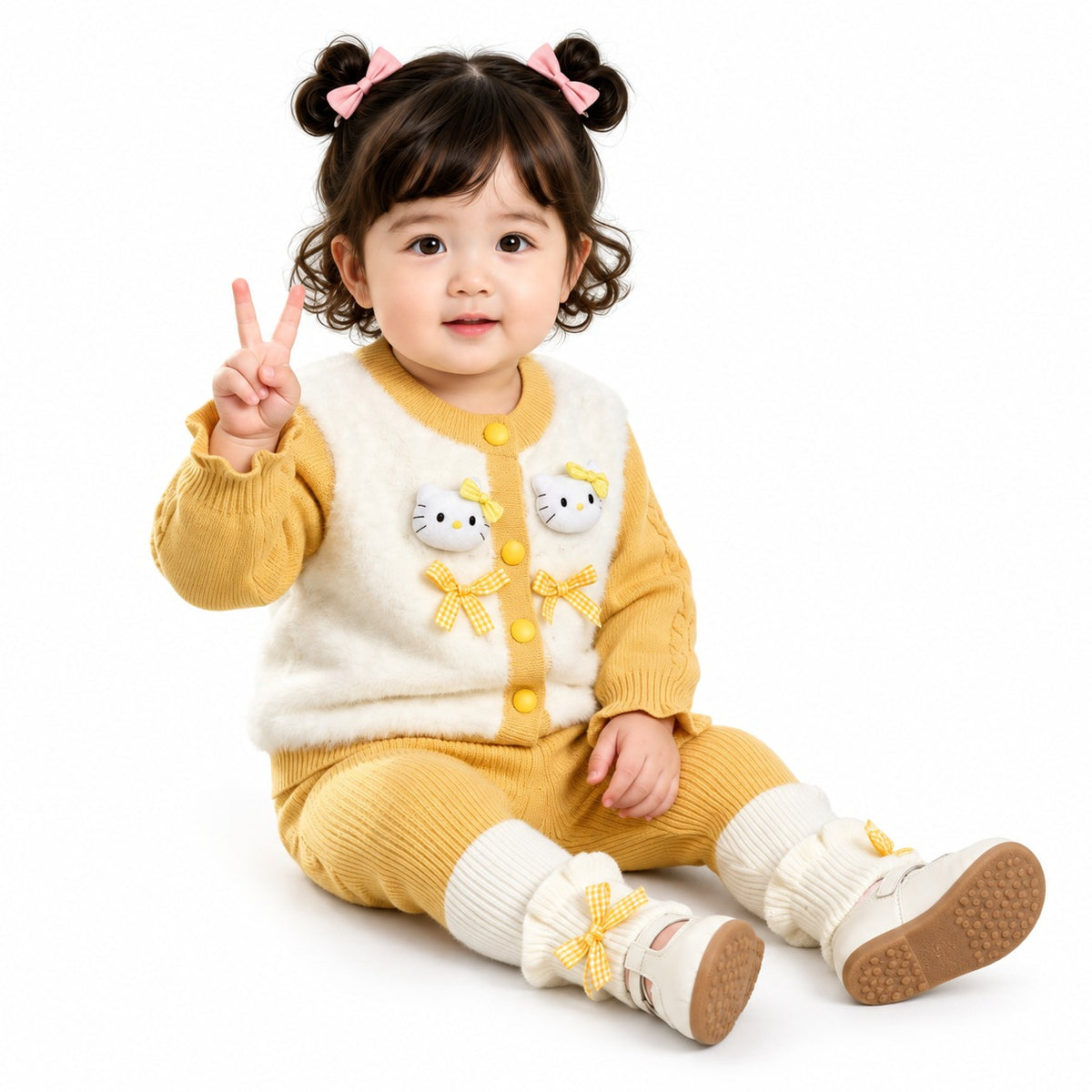 Baby Girls’ Kitty & Bow Faux-Fur Knitted Winter 2-Piece Set – Mustard
