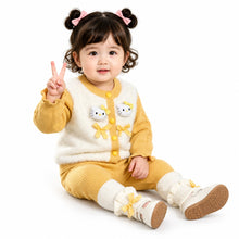 Baby Girls’ Kitty & Bow Faux-Fur Knitted Winter 2-Piece Set – Mustard