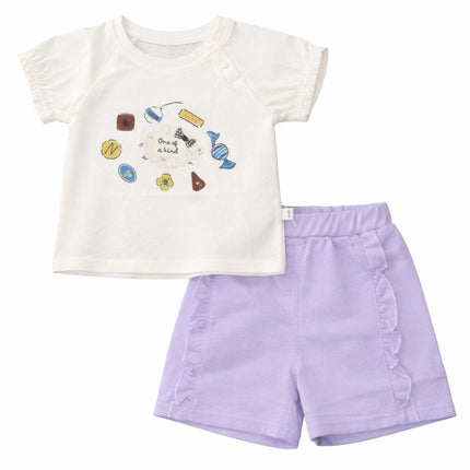 One of a Kind Baby Girl 2-Piece Summer Set (Printed T-Shirt & Ruffle Shorts – Lavender)
