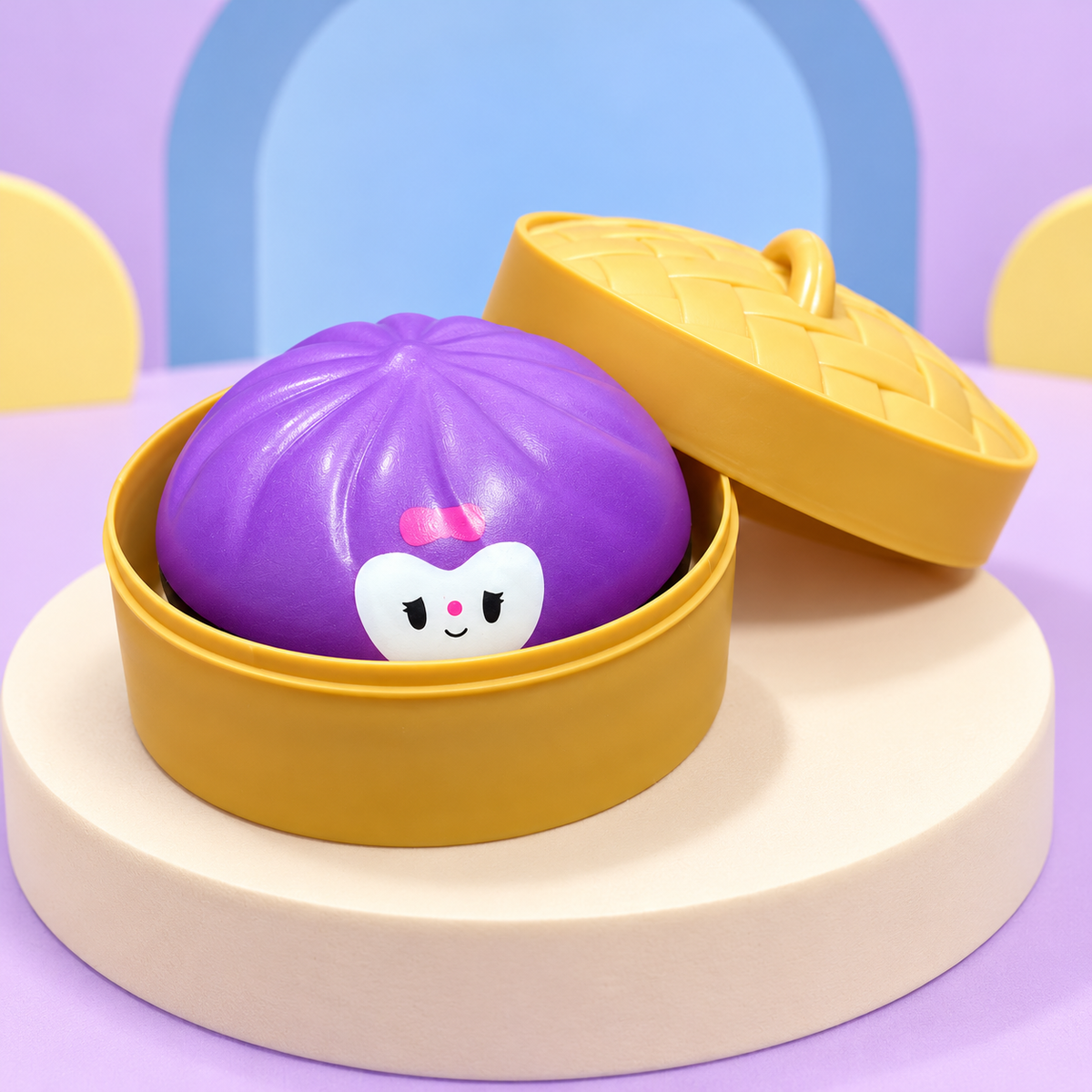 Cute Purple Dumpling Squishy Toy with Steamer Basket