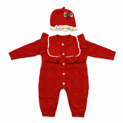 Red Knitted Baby Romper with Ruffle Cape & Bow Cap – Winter 2-Piece Set