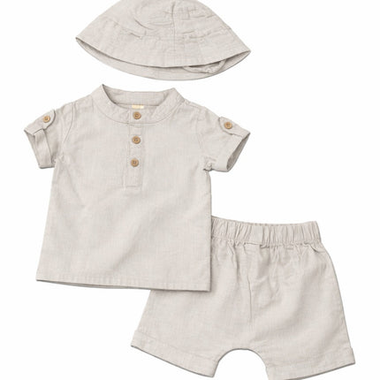Stylish Baby Boy Beige Summer Set with Hat (3-Piece Outfit)