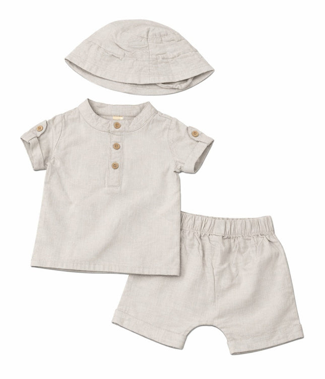 Stylish Baby Boy Beige Summer Set with Hat (3-Piece Outfit)
