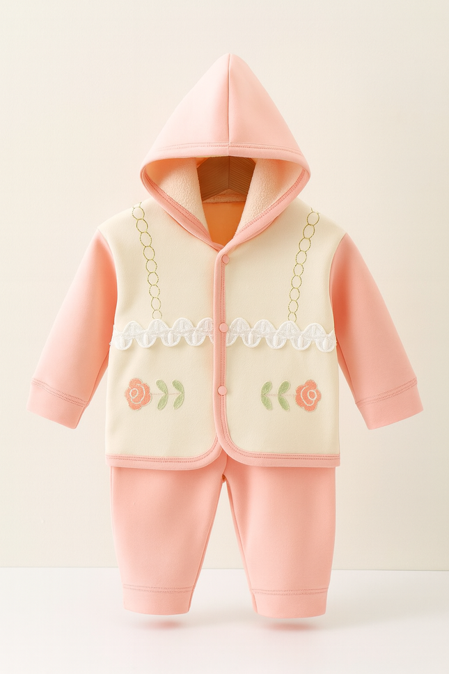 Cute Pink Floral Hooded Winter Suit for Babies