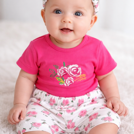 Floral Pink Baby Girl 3-Piece Summer Set (T-Shirt, Printed Shorts & Headband)