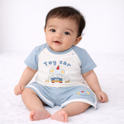 Kids Cotton Summer T-Shirt & Shorts Set – “Toy Car” Cartoon Print (Cream & Sky Blue)