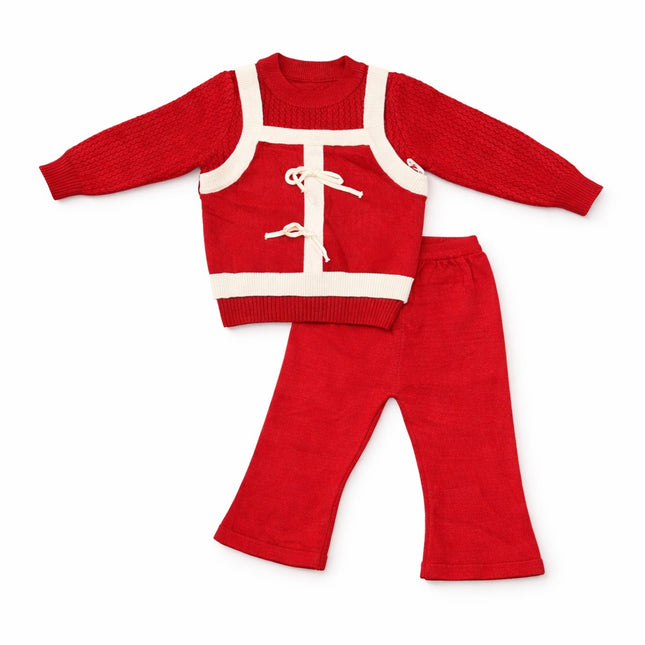 Stylish Knit Baby Outfit Set for 0–9 Months – Red & Cream Two-Piece Sweater Set