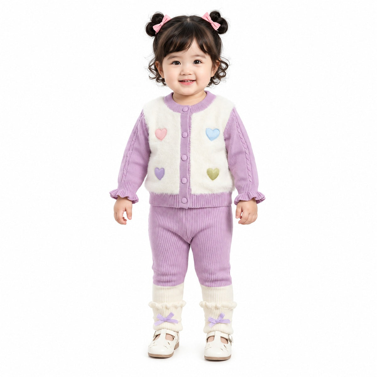 Girls’ Heart Appliqué Knitted Winter 2-Piece Set – Lavender
