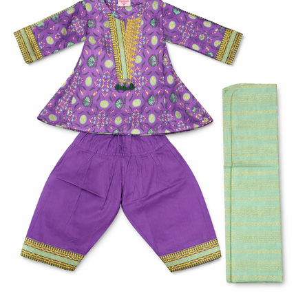 Traditional Purple Baby Girl 3-Piece Ethnic Suit Set (Kurti, Trouser & Dupatta)