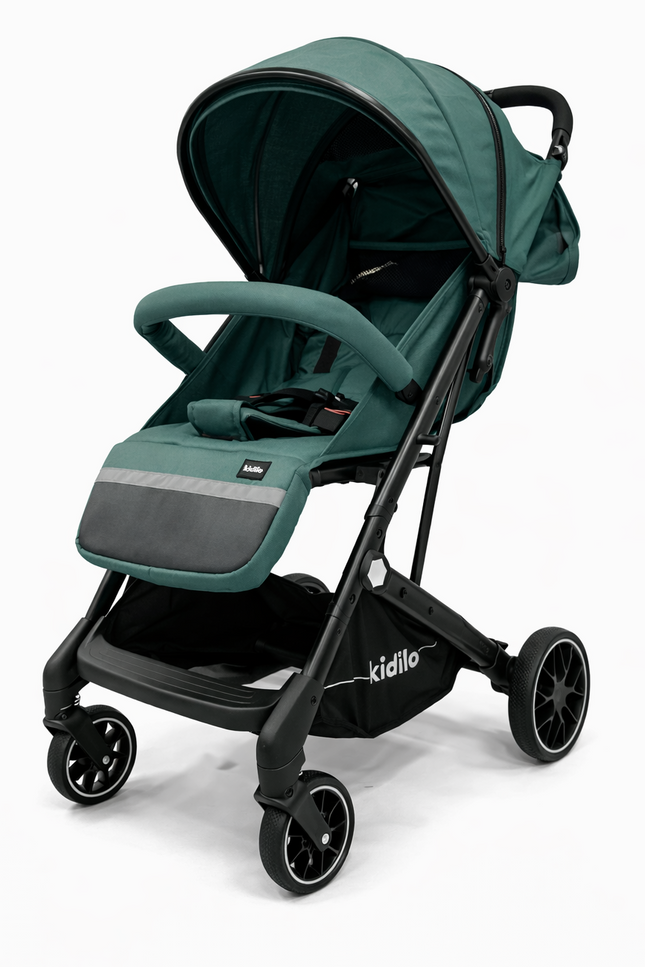 Kidilo Premium Baby Stroller – Lightweight Pushchair with Canopy, Safety Harness & Storage Basket (Green)