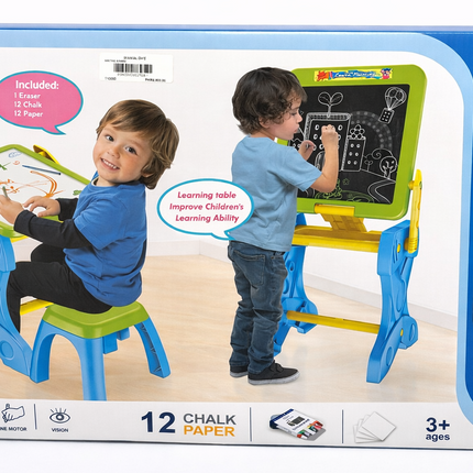 2 in 1 Kids Learning Table – Drawing Desk + Chalk Board Set (With Stool & Accessories, Ages 3+)
