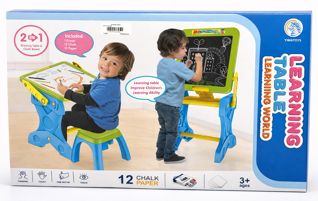 2 in 1 Kids Learning Table – Drawing Desk + Chalk Board Set (With Stool & Accessories, Ages 3+)