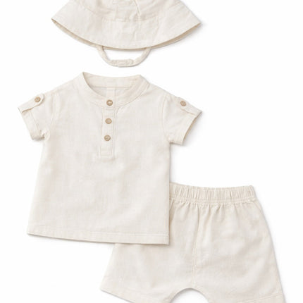 Baby Boy Off-White Summer Outfit Set with Hat (3-Piece)