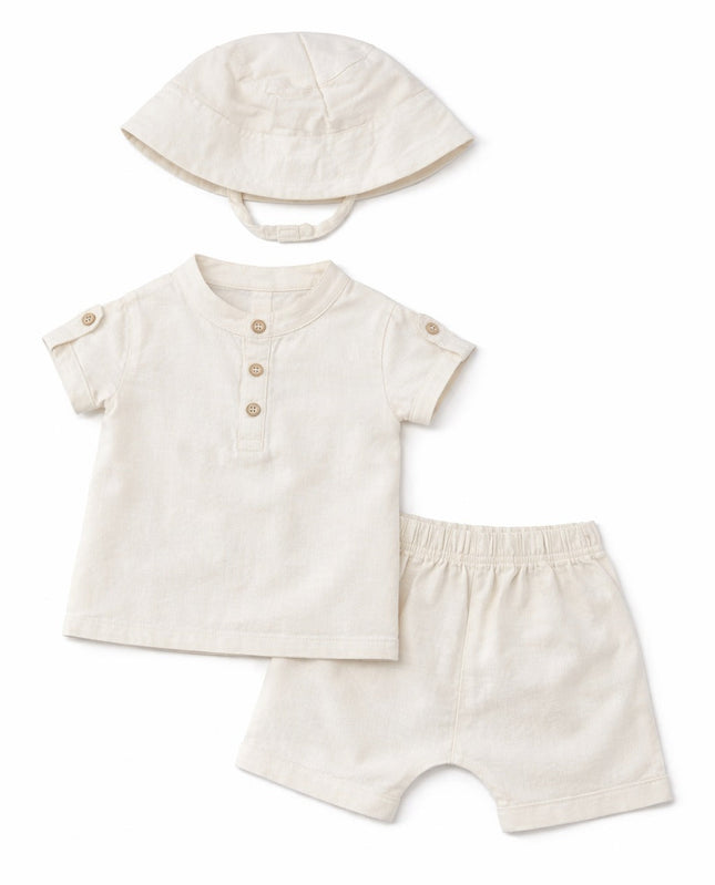 Baby Boy Off-White Summer Outfit Set with Hat (3-Piece)