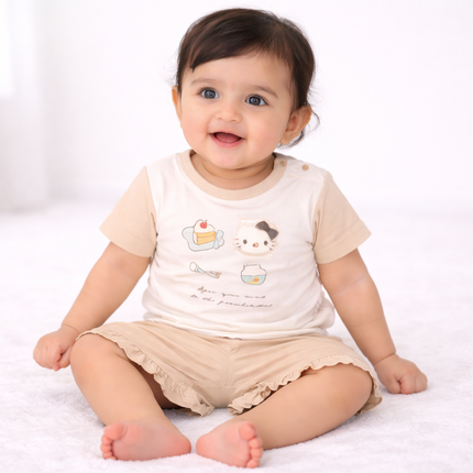 Cute Baby Girls 2-Piece Summer Set – Cartoon Print T-Shirt & Ruffle Shorts