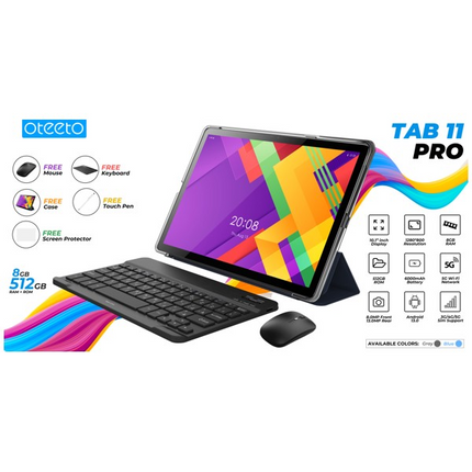 Oteeto Tab 11 Pro – 5G Tablet 8GB+512GB | 6000mAh | 8MP Front & 13MP Rear | Keyboard & Mouse | Blue