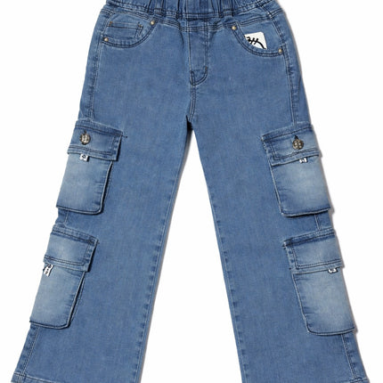 Kids Light Blue Denim Cargo Pants – Straight Fit with Multi Pockets