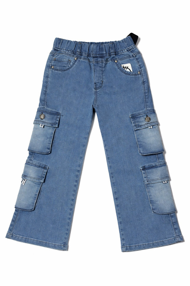 Kids Light Blue Denim Cargo Pants – Straight Fit with Multi Pockets