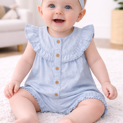 Baby Girl Sky Blue Summer Dress Set with Headband (3-Piece)