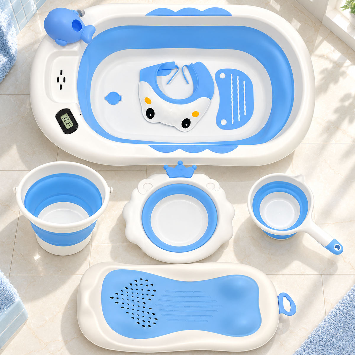 Foldable Baby Bathtub Bathing Set with digital Thermometer