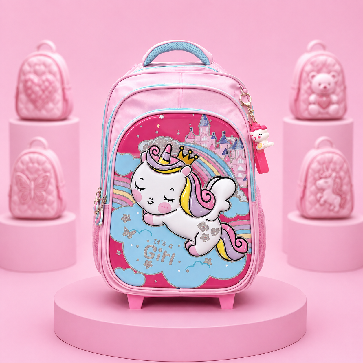 Girls Pink Unicorn Trolley School Backpack – 15" × 9"
