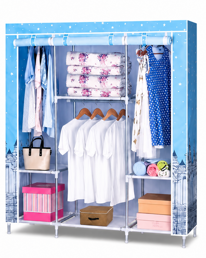 Portable Wardrobe Closet – Dustproof Clothes Storage Organizer with Hanging Rods & Multi-Tier Shelves