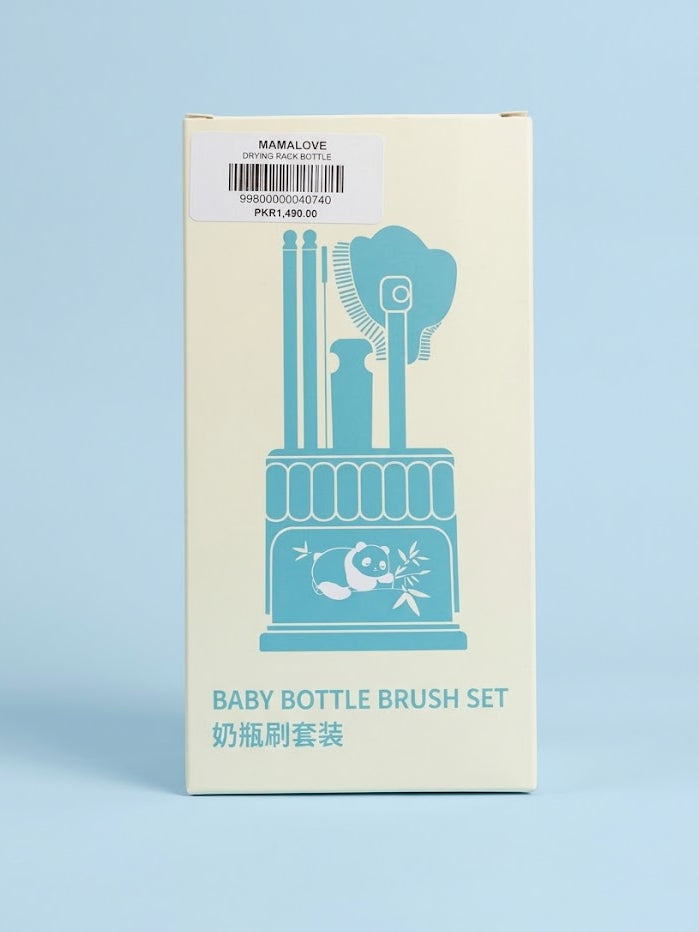 A boxed baby bottle brush set package standing upright against a light blue background. The box is cream-colored with a teal illustration of baby bottles and brushes and the text 'BABY BOTTLE BRUSH SET' plus Chinese characters.