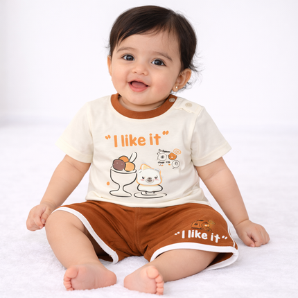 Kids Cotton Summer T-Shirt & Shorts Set – “I Like It” Cartoon Print (Cream & Brown)