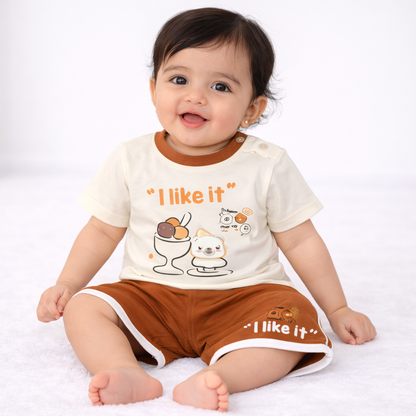 Kids Cotton Summer T-Shirt & Shorts Set – “I Like It” Cartoon Print (Cream & Brown)