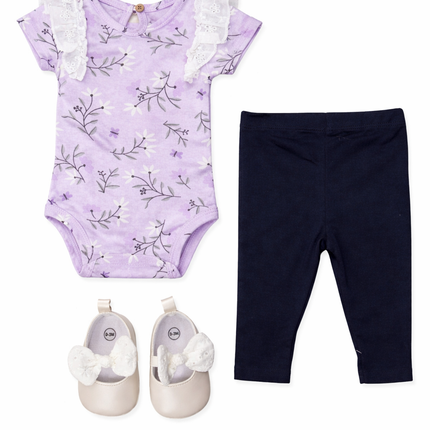 Floral Lavender Baby Girl 3-Piece Outfit Set (Ruffle Bodysuit, Leggings & Shoes)